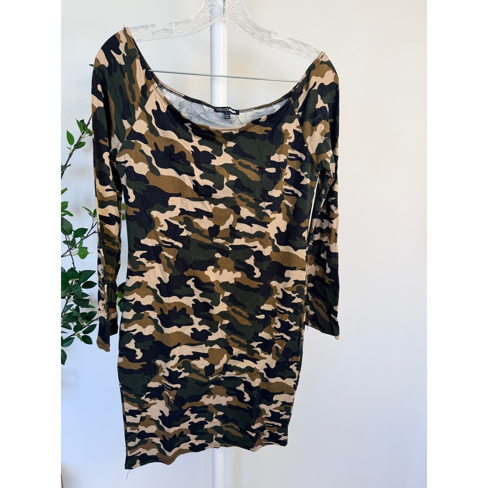 Fashion Nova Womens Camo Long Sleeve Mini Dress Green Brown JD19735LP Size L - Picture 7 of 7